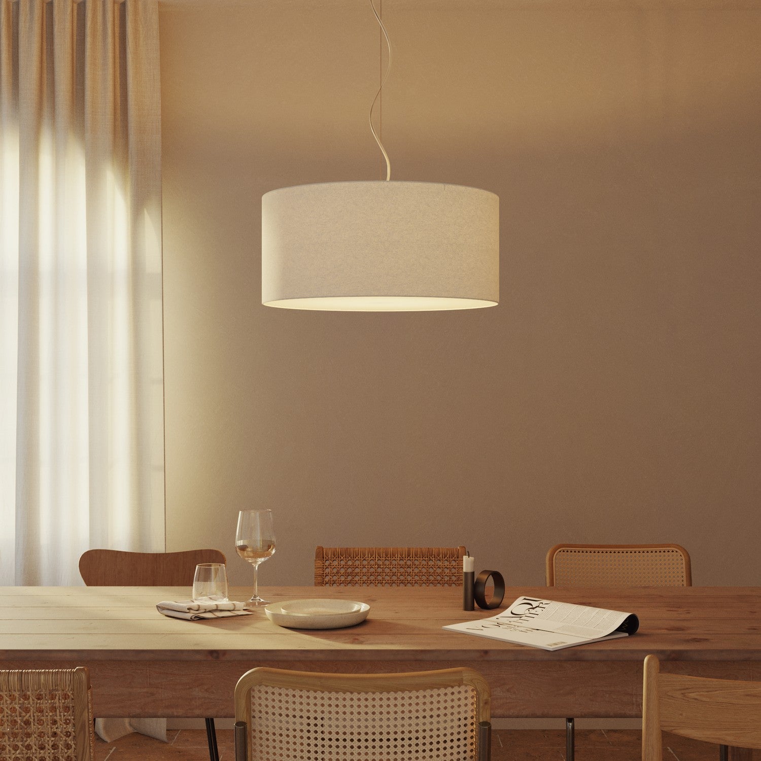 Lampada a sospensione con paralume in tessuto Cilindro Large - Made in Italy - Lana Sabbia Si