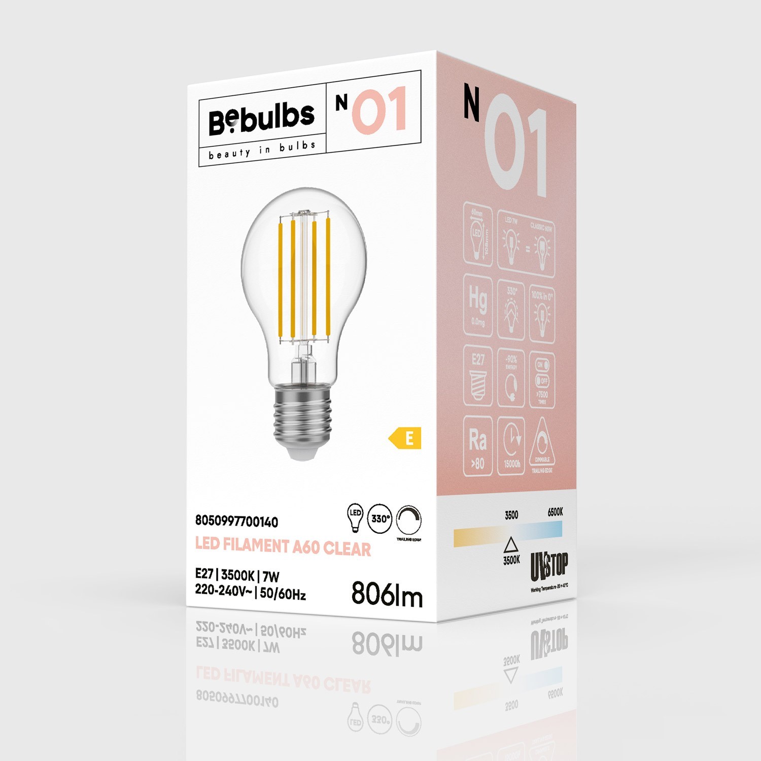 LED Light Bulb Transparent Drop A60 7W 806Lm E27 3500K Dimmable - N01