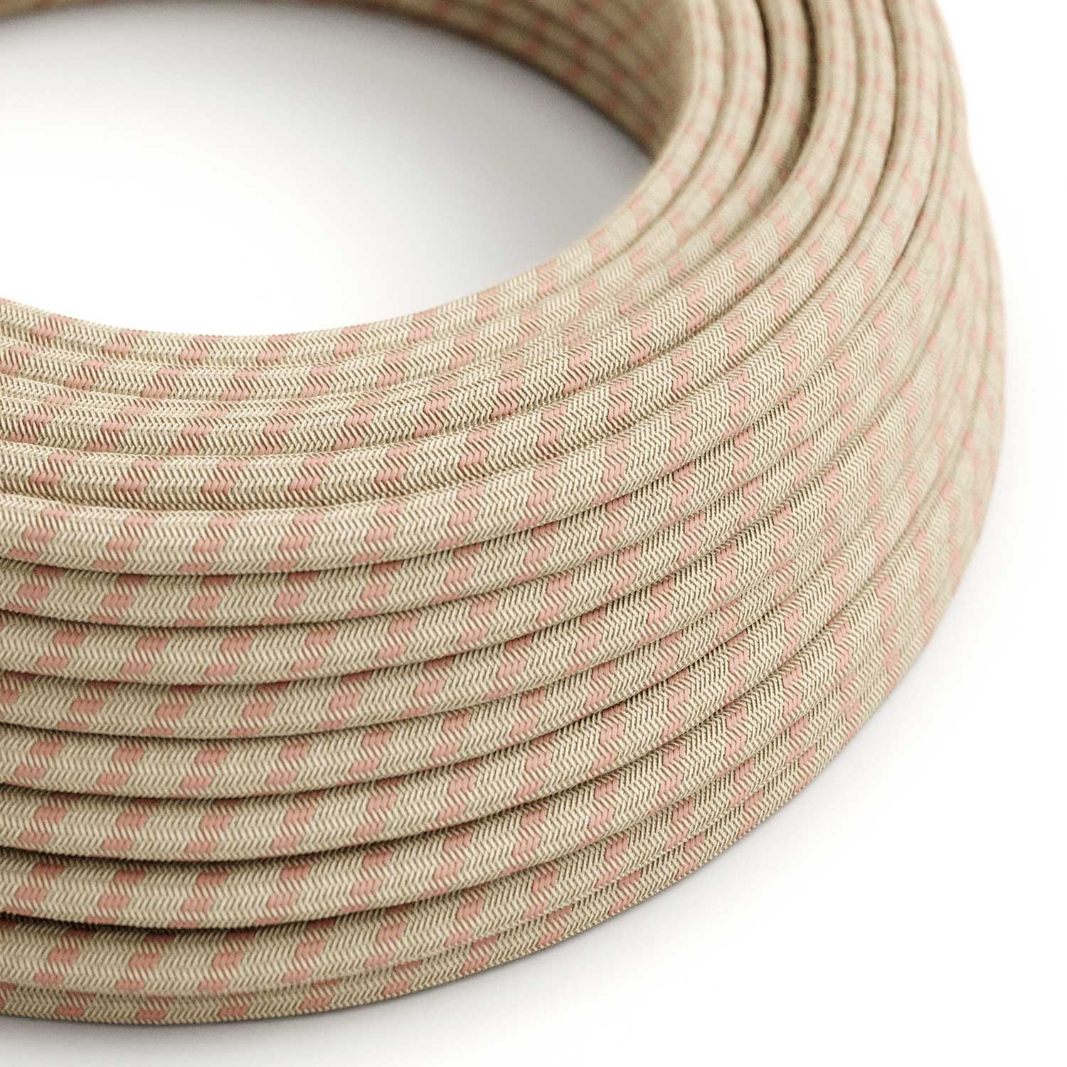 Round Electric Cable covered by Ancient Pink Stripes Cotton and Natural Linen RD51