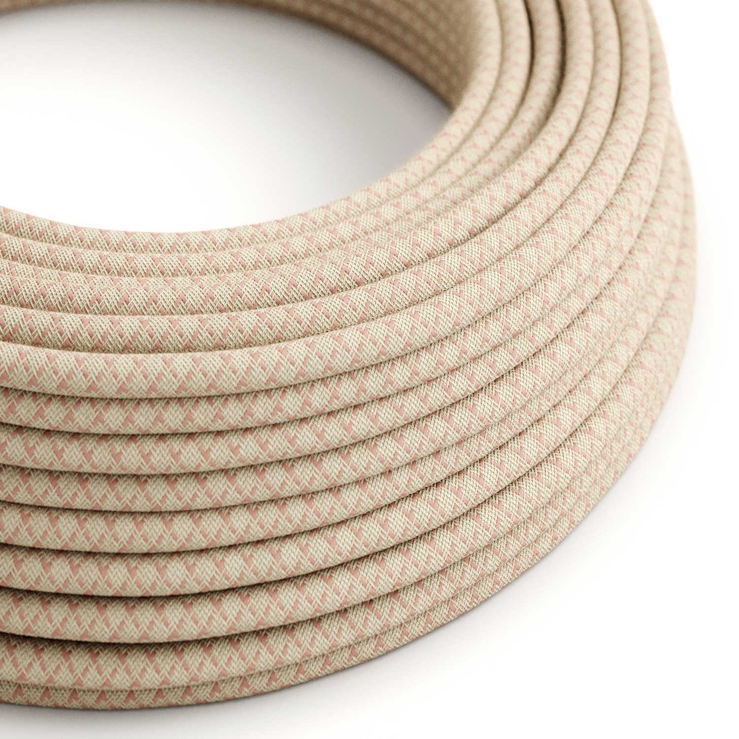 Round Electric Cable covered by Ancient Pink Lozanga Cotton and Natural Linen RD61