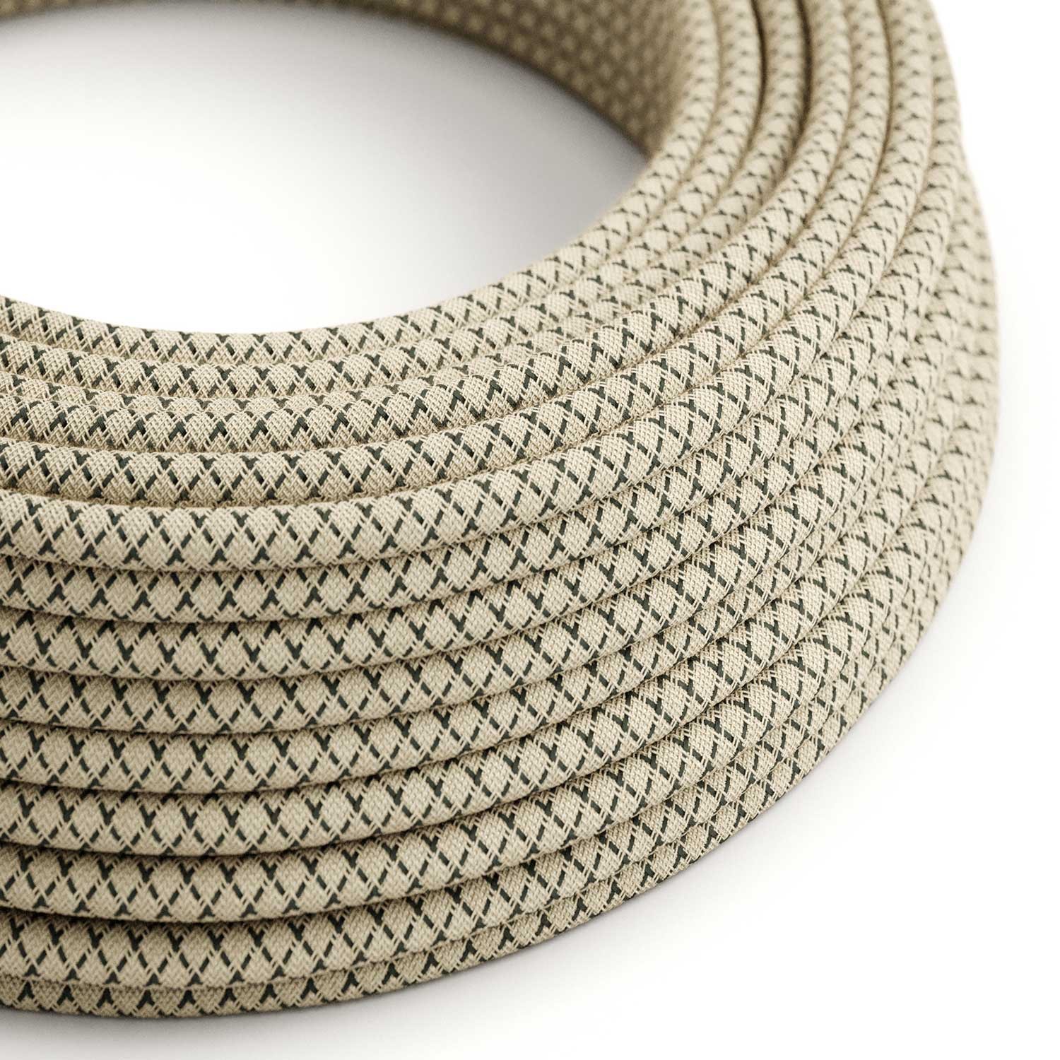 Round Electric Cable covered by Anthracite Lozanga Cotton and Natural Linen RD64