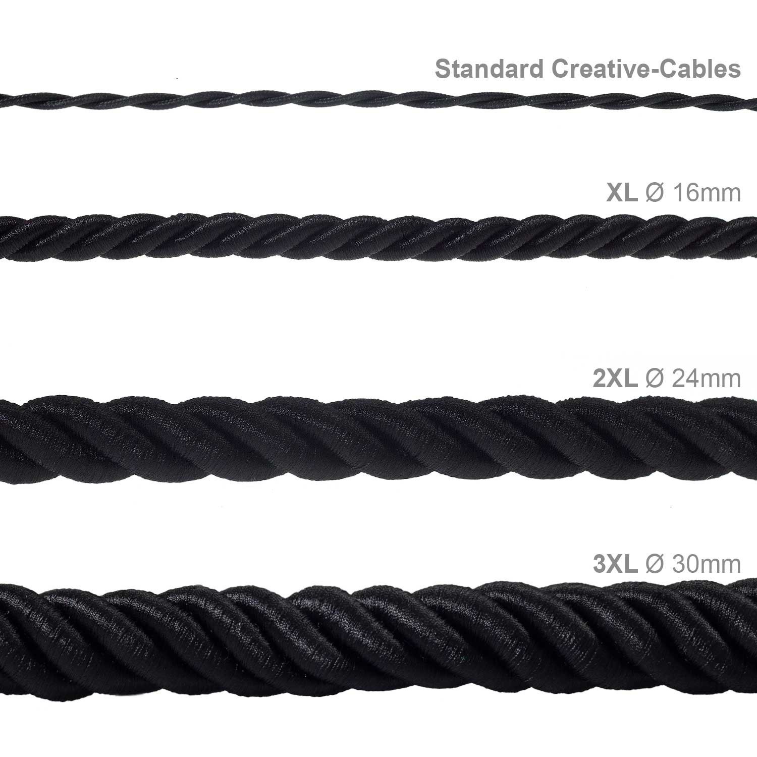 2XL electrical cord, electrical cable 3x0,75. Shiny black fabric covering. Diameter 24mm.