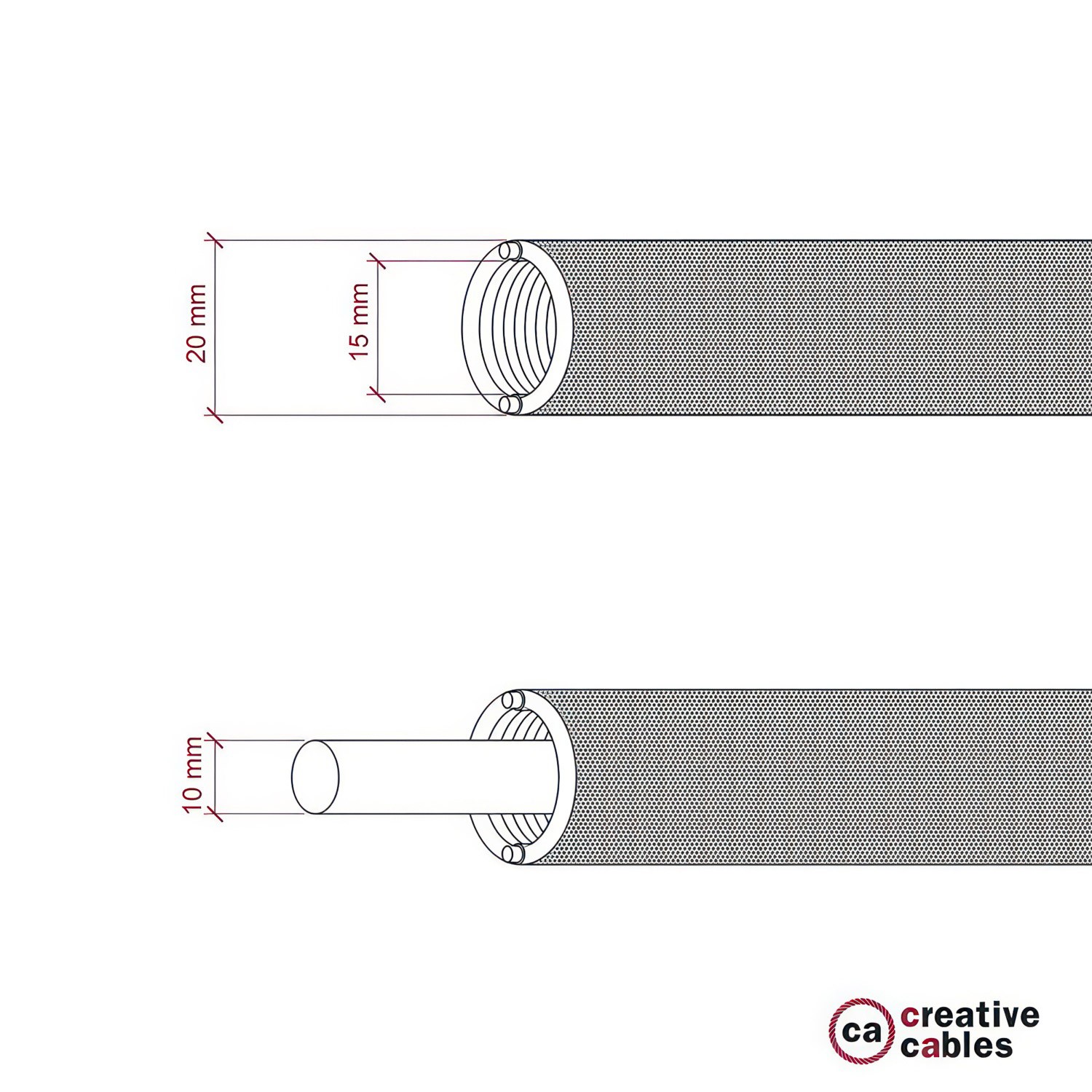 Creative-Tube flexible conduit, Rayon Red RM09 fabric covering, diameter 20 mm