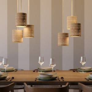 Pendant lamp with fabric cable, raffia Cylinder lampshade and wooden details - Made in Italy