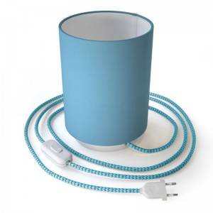 Posaluce in metal with Sky Blue Cilindro lampshade, complete with fabric cable, switch and 2-pin plug