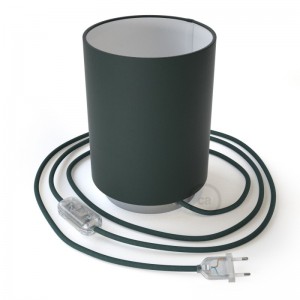 Posaluce in metal with Petrol Blue Cinette Cilindro lampshade, complete with fabric cable, switch and 2-pin plug