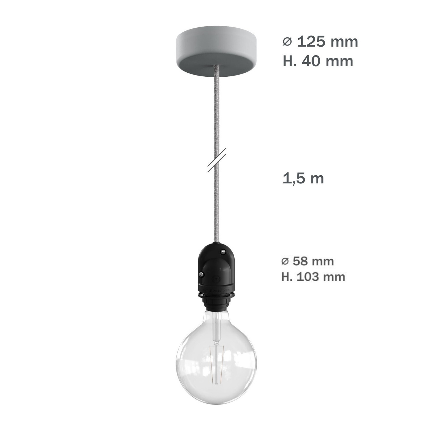 EIVA Outdoor pendant lamp for lampshades with 1,5 mt fabric cable, silicone ceiling rose and lamp holder IP65 water resistant