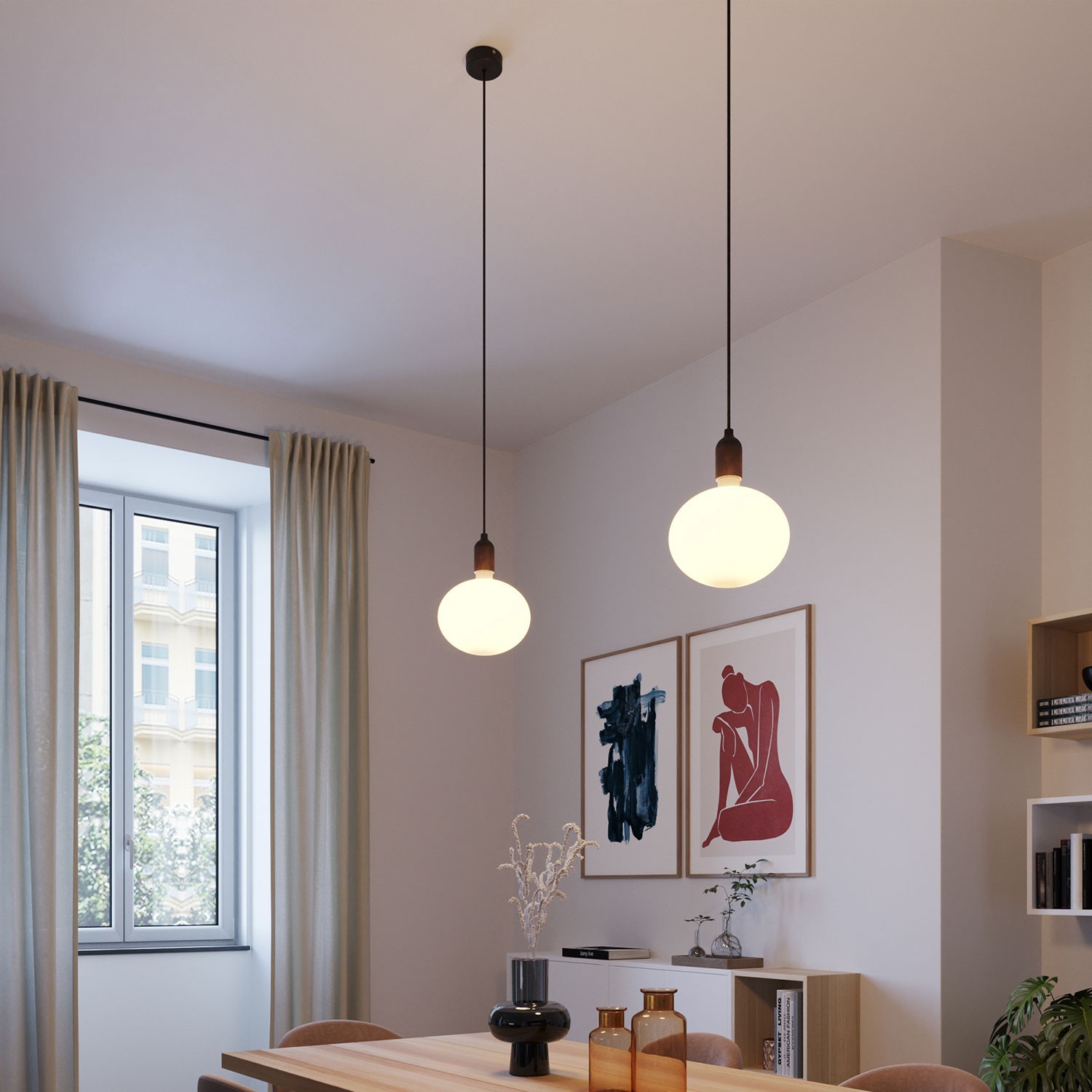 Pendant light Made in Italy complete with fabric cable and wood finishing