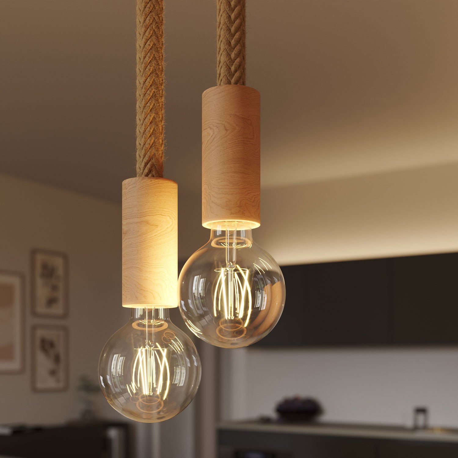 Multiple 2-fall pendant light complete with 2XL rope cable and wood finishing