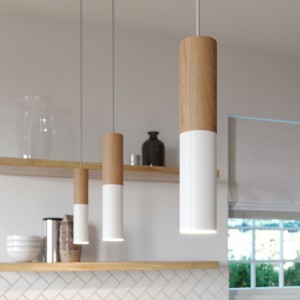 Pendant lamp complete with fabric cable and double Tub-E14 wood and metal shade - Made in Italy
