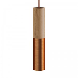 Pendant lamp complete with fabric cable and double Tub-E14 wood and metal shade - Made in Italy