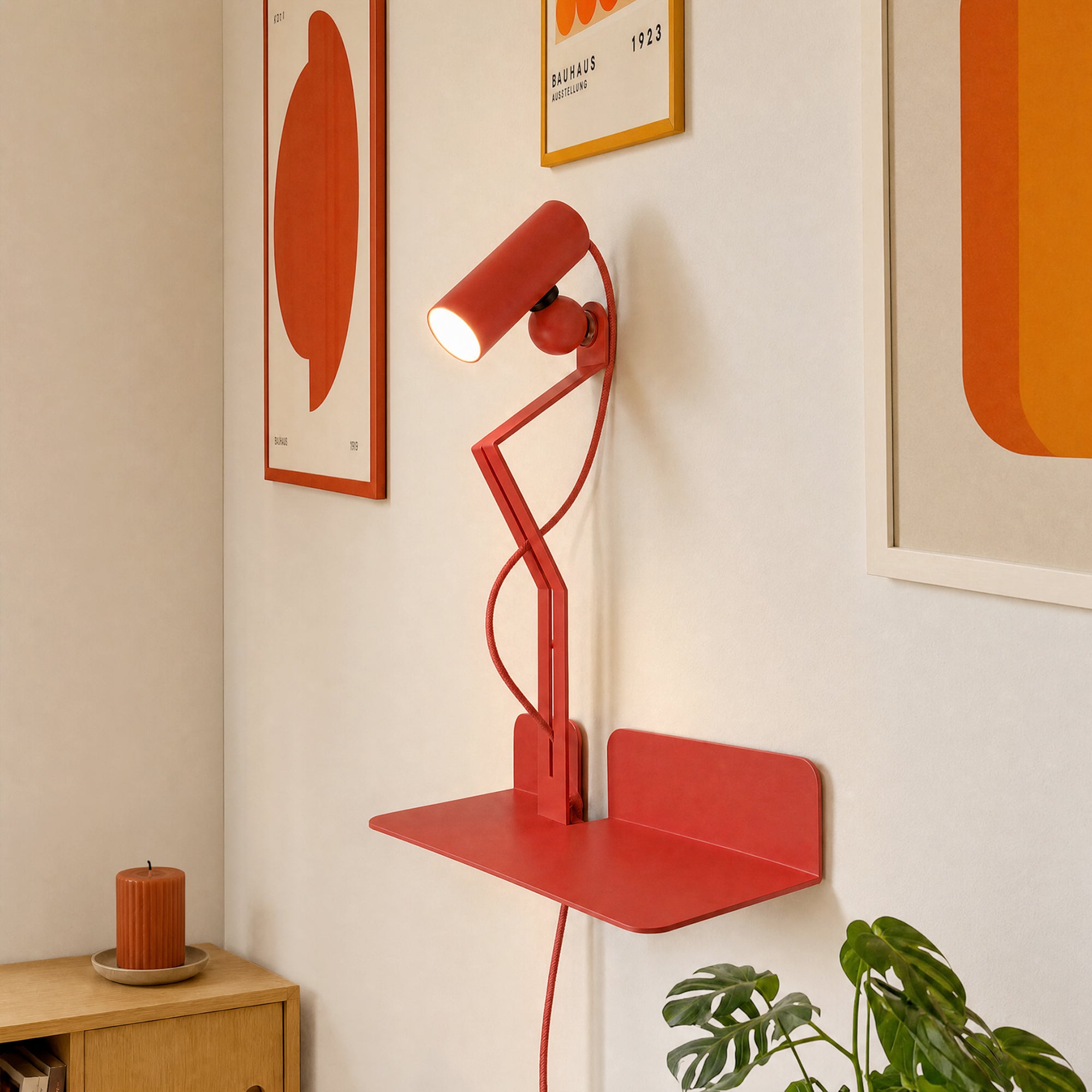 Wall lamp with shelf, adjustable magnetic Spotlight and UK Plug - Murio Tubo - Red