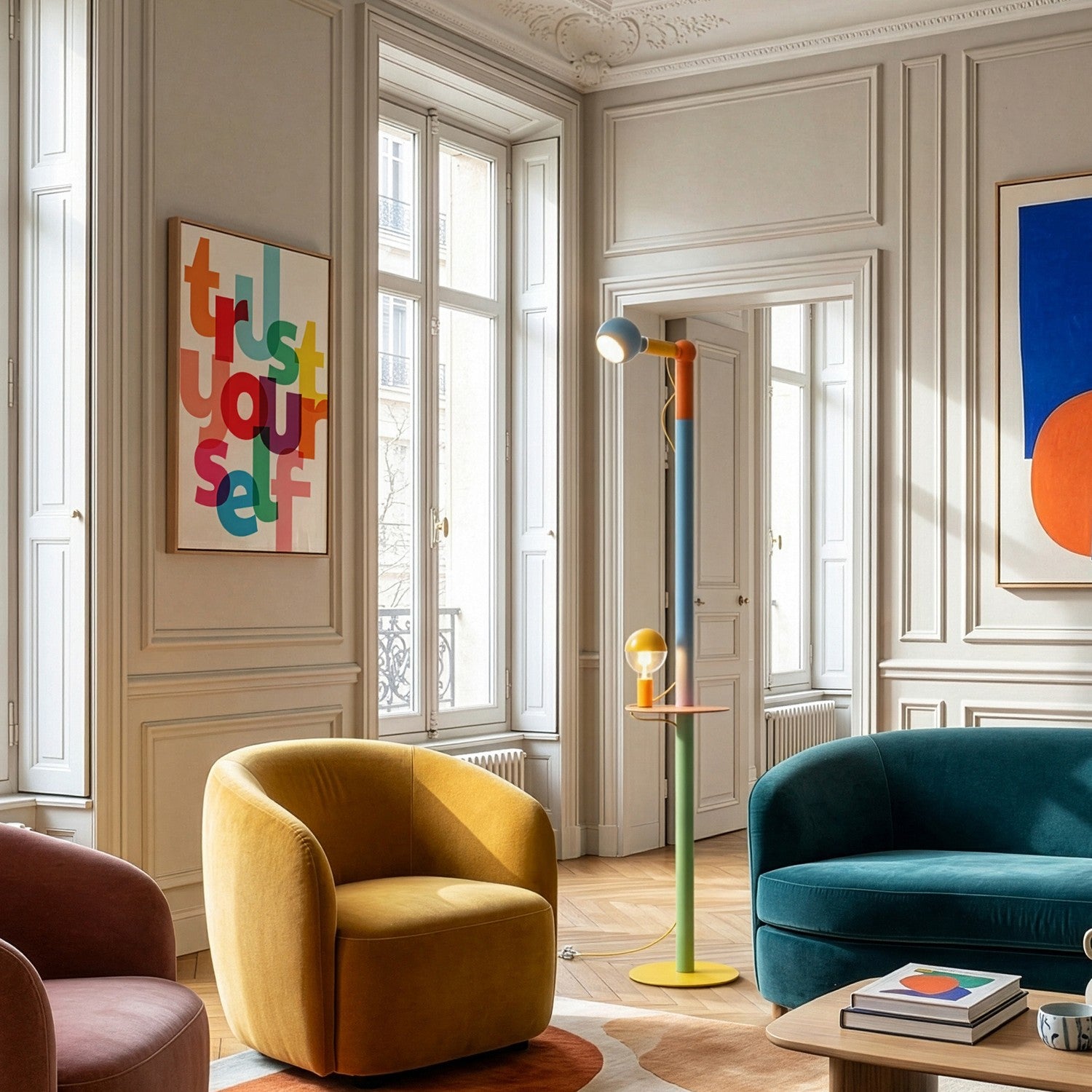 Rocco XXL - Multicolor floor lamp with UK plug and Maria and Camo light bulb