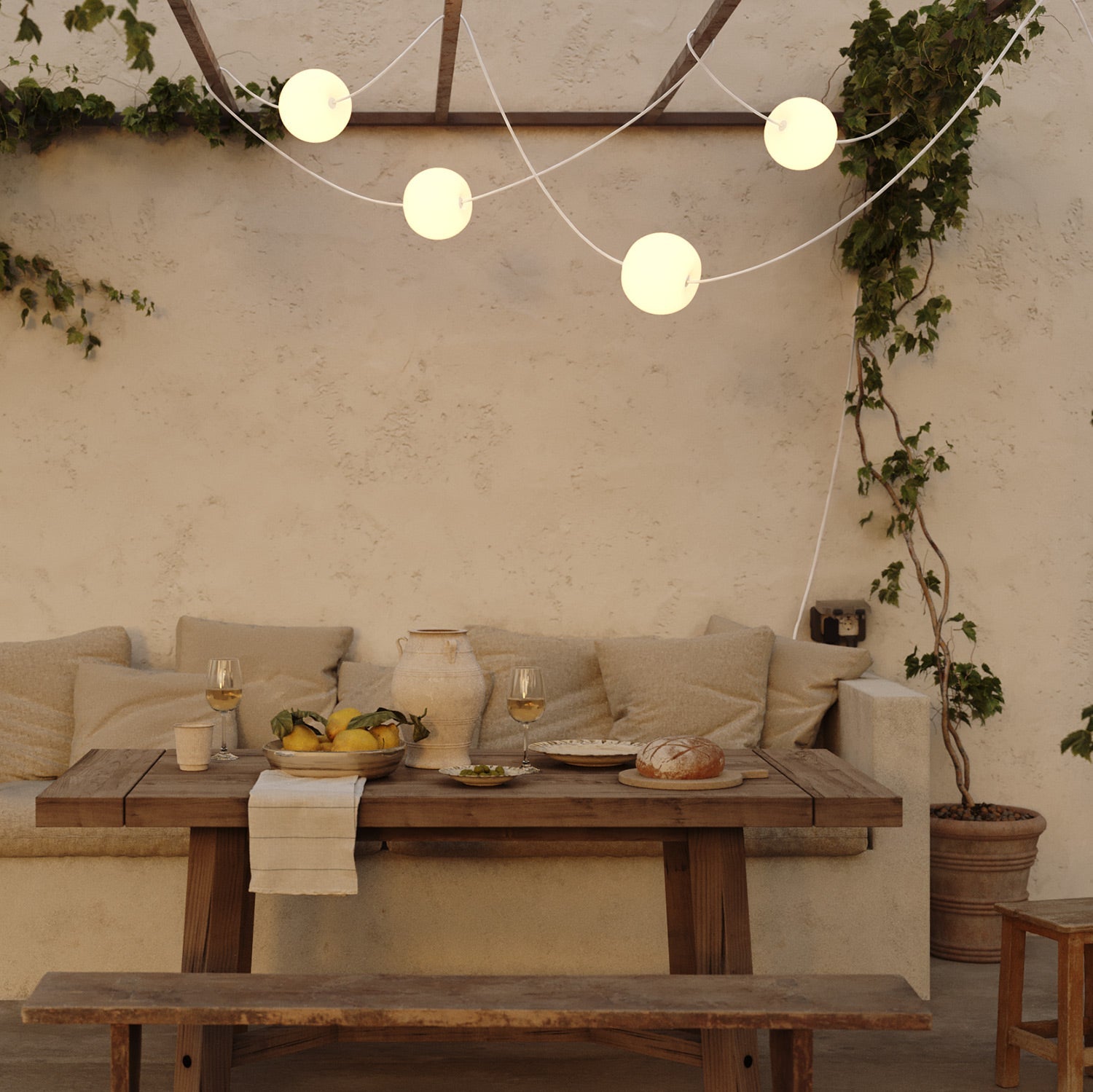Catena luminosa 4 punti luce da esterno IP67 Bianco Sabbia con spina UK - Marina4 Cherry 140 cm