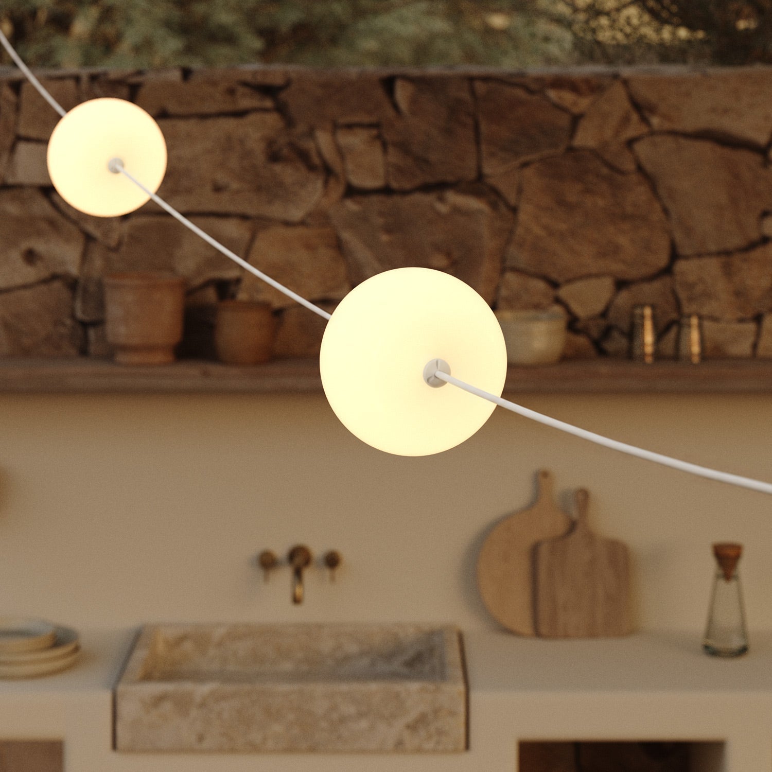 Catena luminosa 4 punti luce da esterno IP67 Bianco Sabbia con spina UK - Marina4 Cherry 140 cm
