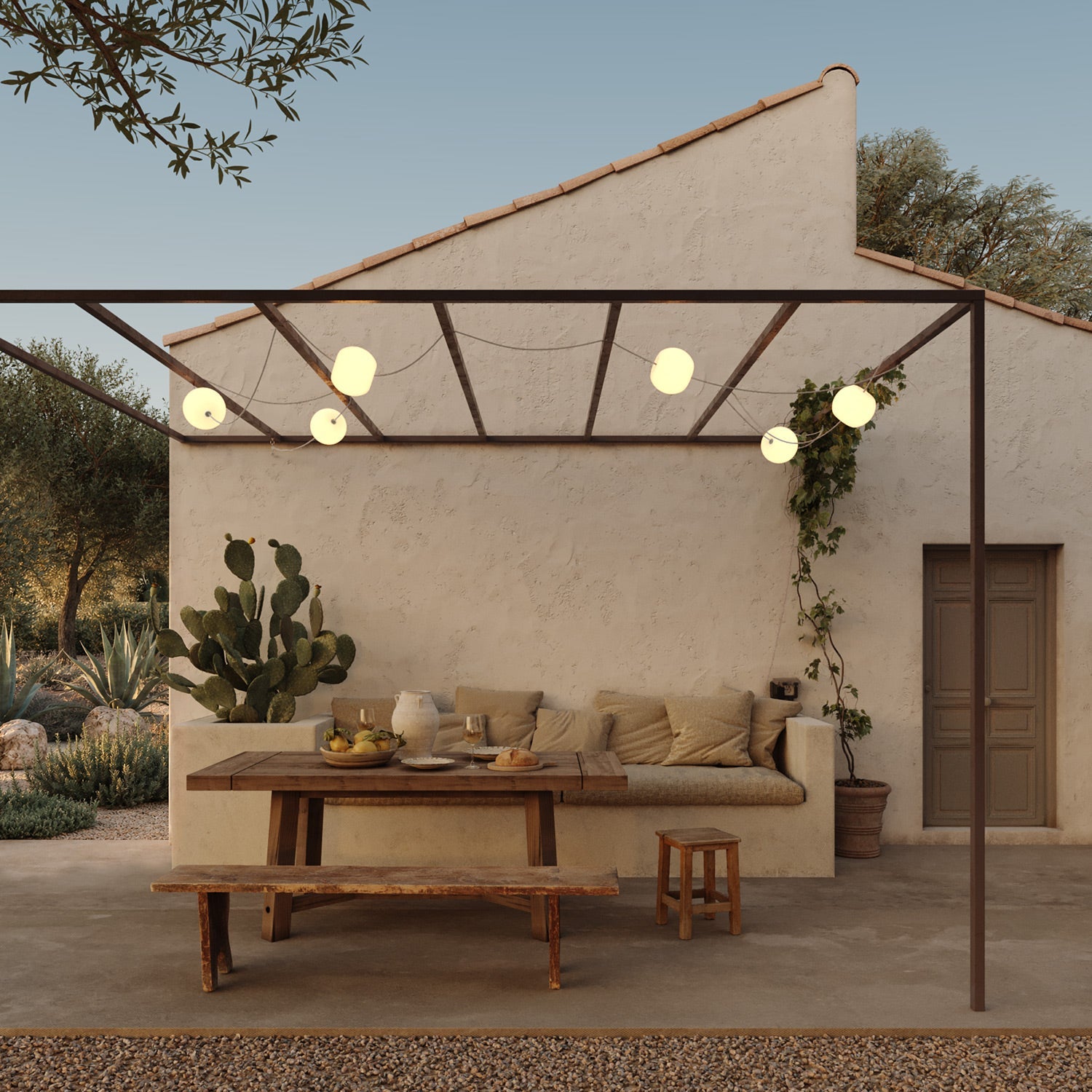 Catena luminosa 6 punti luce da esterno IP67 Bianco Sabbia con spina UK - Marina6 Cherry 140 cm
