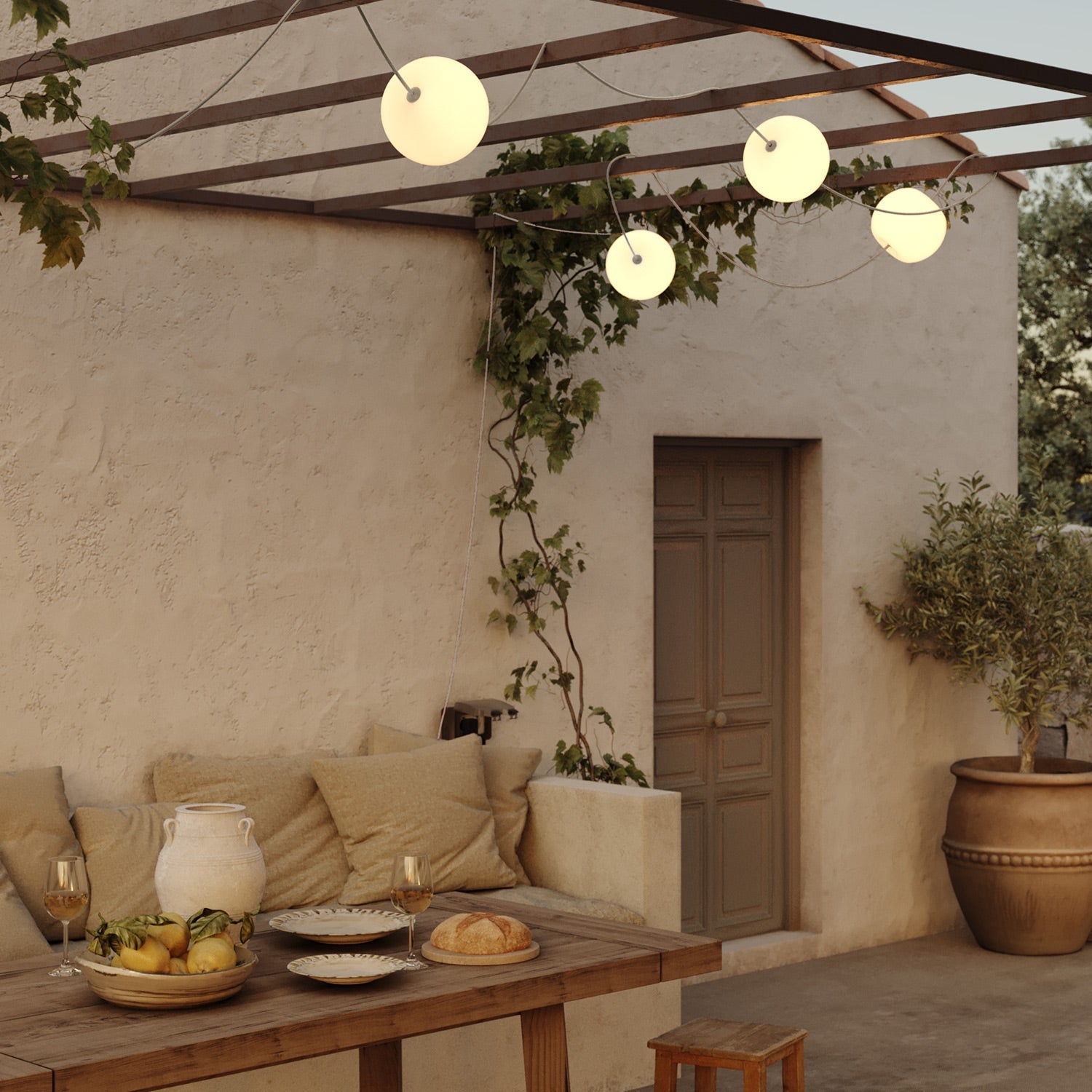 Catena luminosa 6 punti luce da esterno IP67 Bianco Sabbia con spina UK - Marina6 Cherry 140 cm