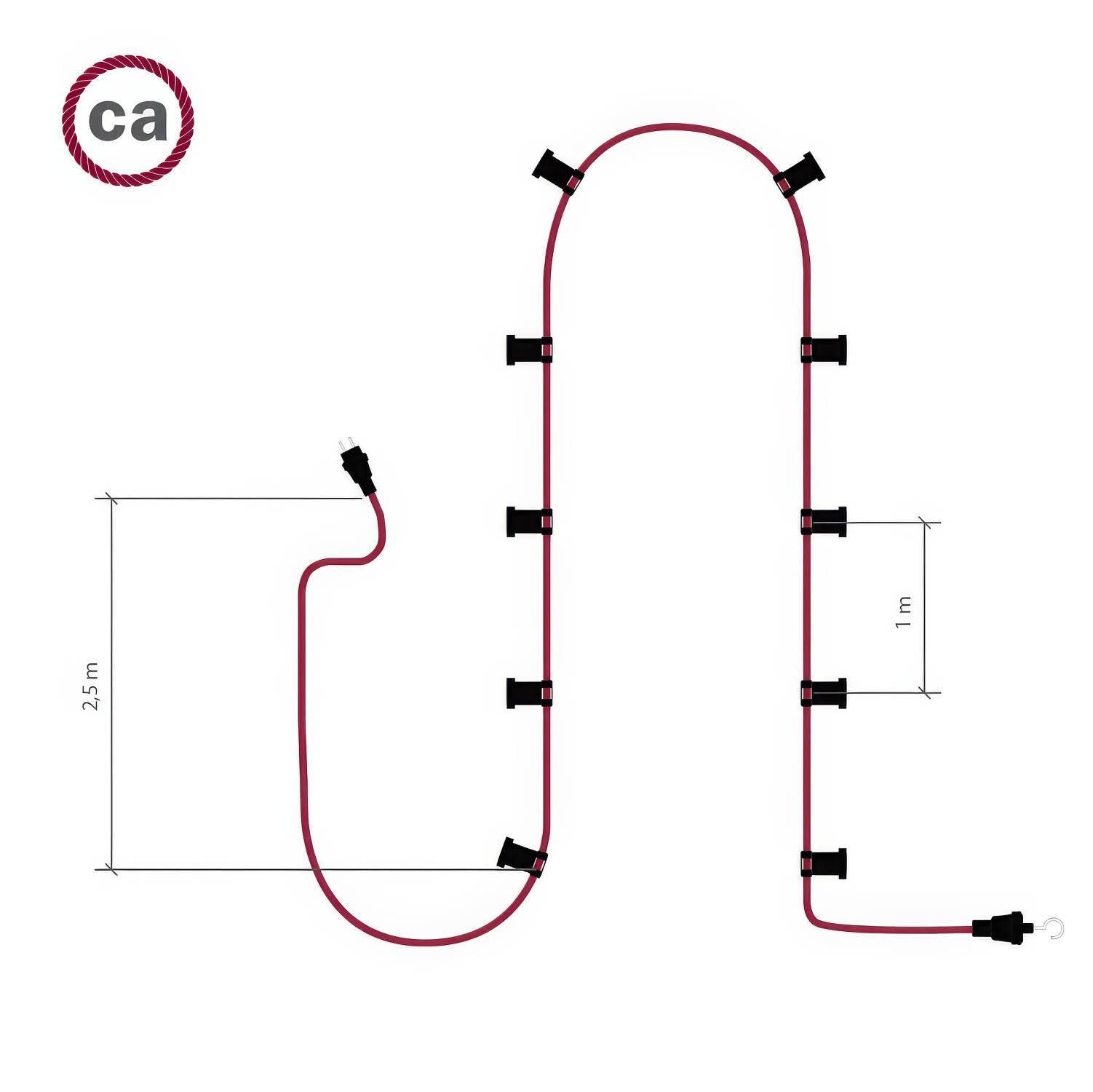 Catenaria Sistema Lumet da 12,5 m con cavo tessile CZ22, 10 portalampada, gancio e spina neri