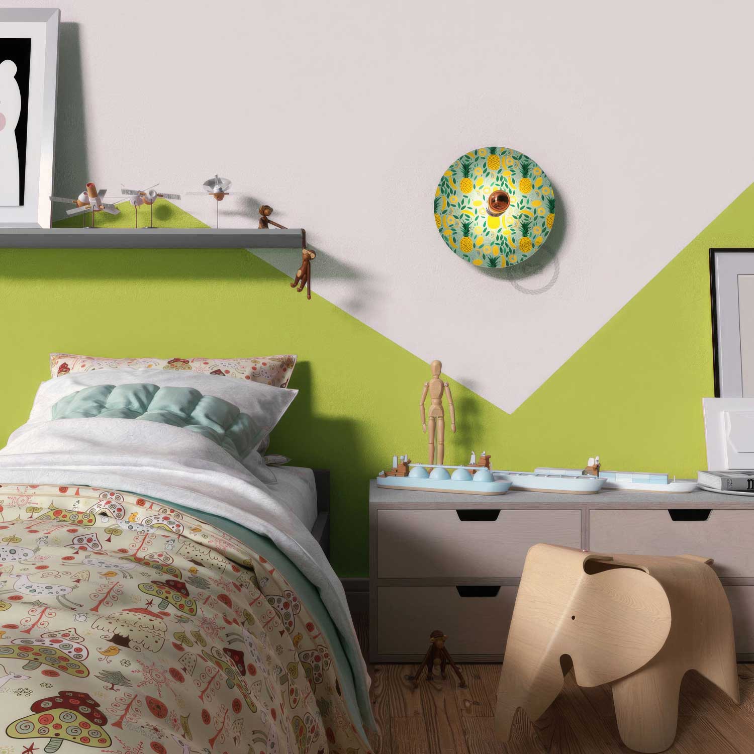 Fermaluce Etnico con paralume UFO in legno double-face illustrato da Annachiara Zaminato