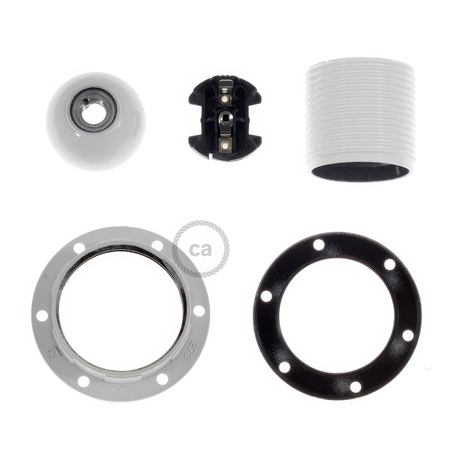 Kit portalampada E27 in bakelite con doppia ghiera per paralume - Bianco