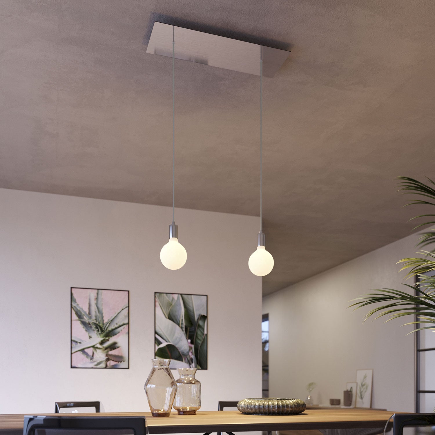 Lampada a sospensione a 2 cadute con XXL Rose-One rettangolare 675 mm con finiture in metallo - Acciaio satinato