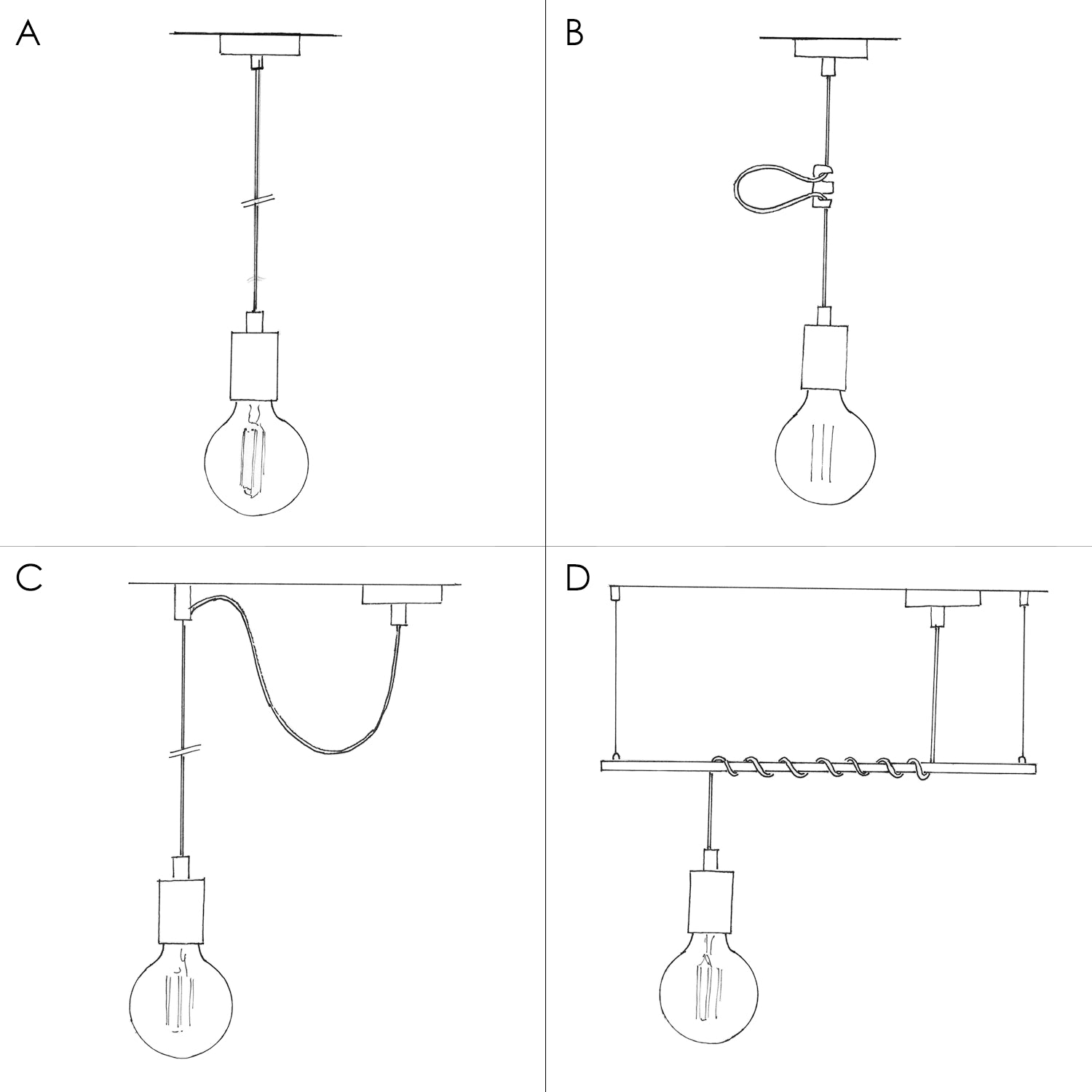 Lampada a sospensione completa di cavo tessile e finiture in metallo monocromatiche - Nero