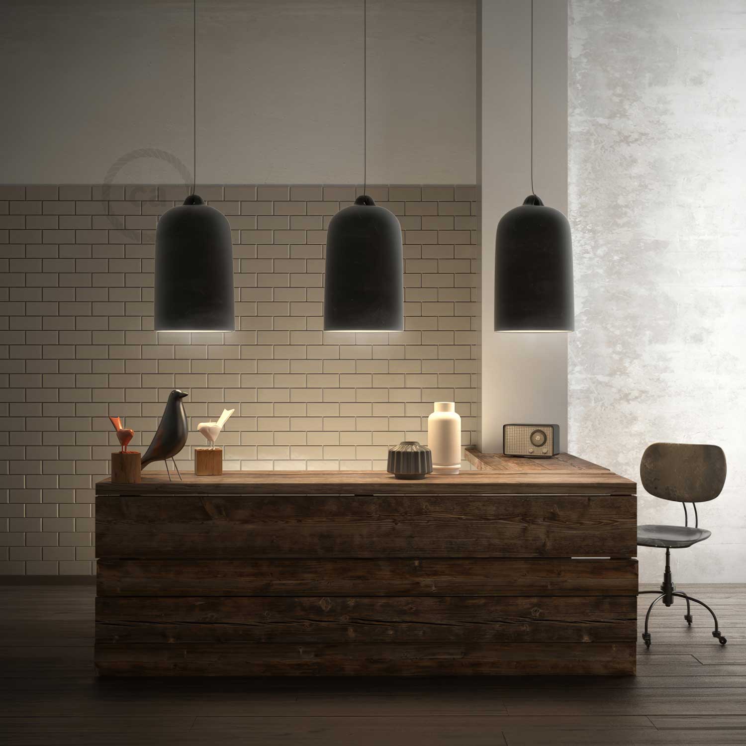 Lampada a sospensione completa di cavo tessile e paralume Campana XL in ceramica - Lavagna