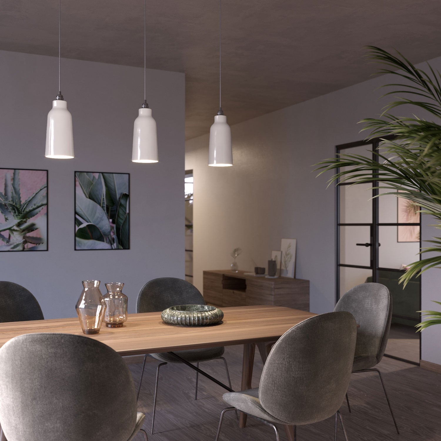 Lampada a sospensione completa di cavo tessile, paralume Bottiglia in ceramica e finiture in metallo - Bianco lucido