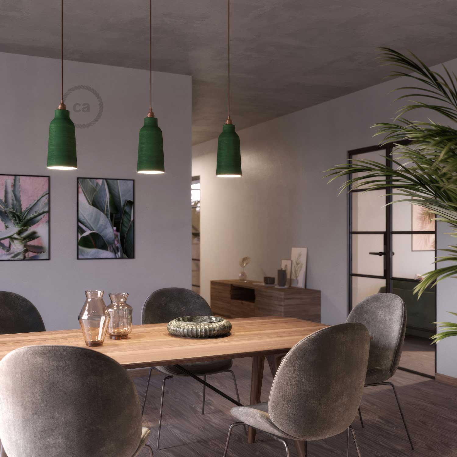 Lampada a sospensione completa di cavo tessile, paralume Bottiglia in ceramica e finiture in metallo - Evergreen striato