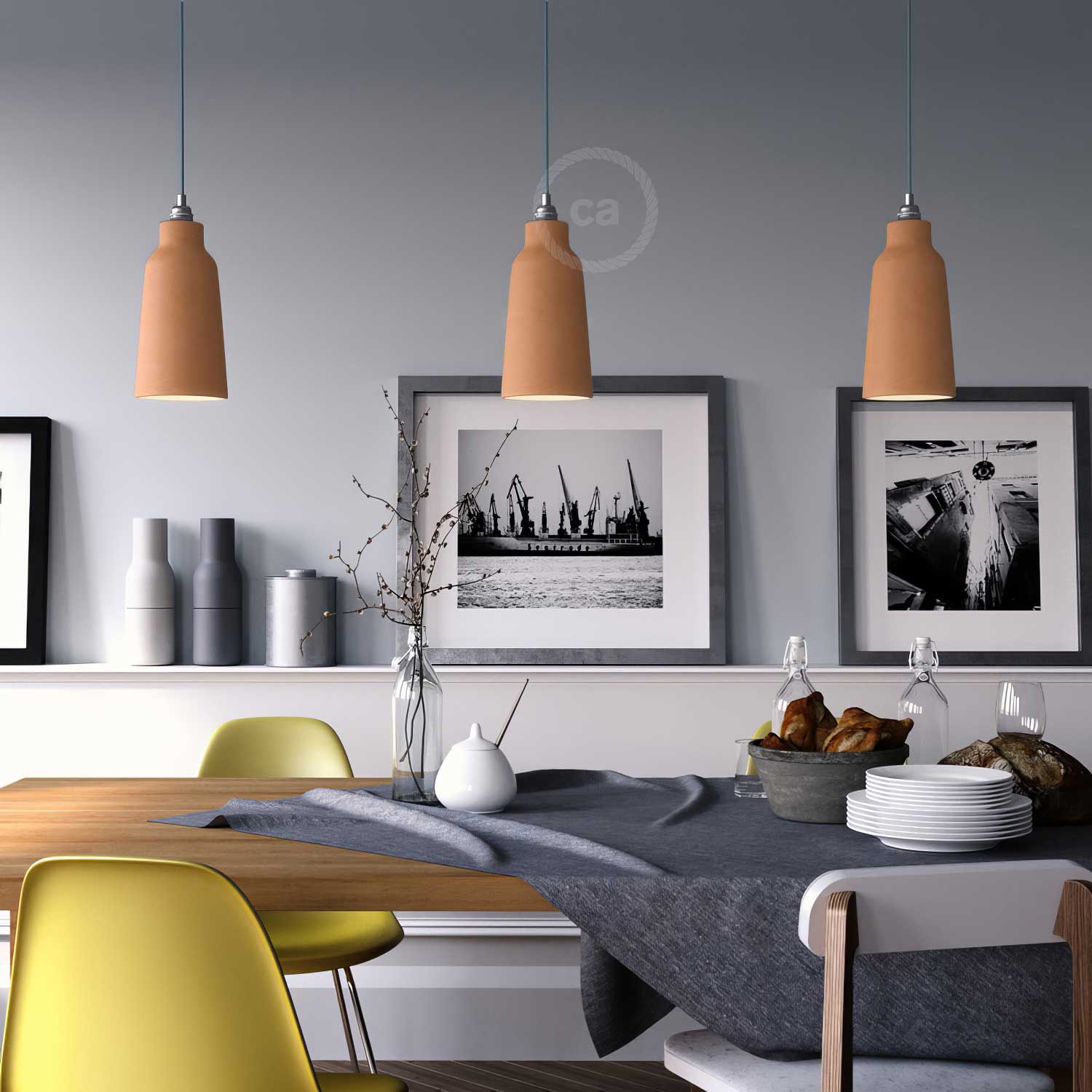 Lampada a sospensione completa di cavo tessile, paralume Bottiglia in ceramica e finiture in metallo - Terracotta striato