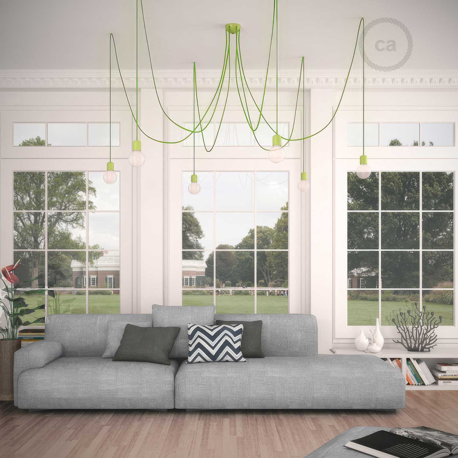 Lampada a sospensione multipla a 6 cadute con finiture in ceramica colorata - Verde