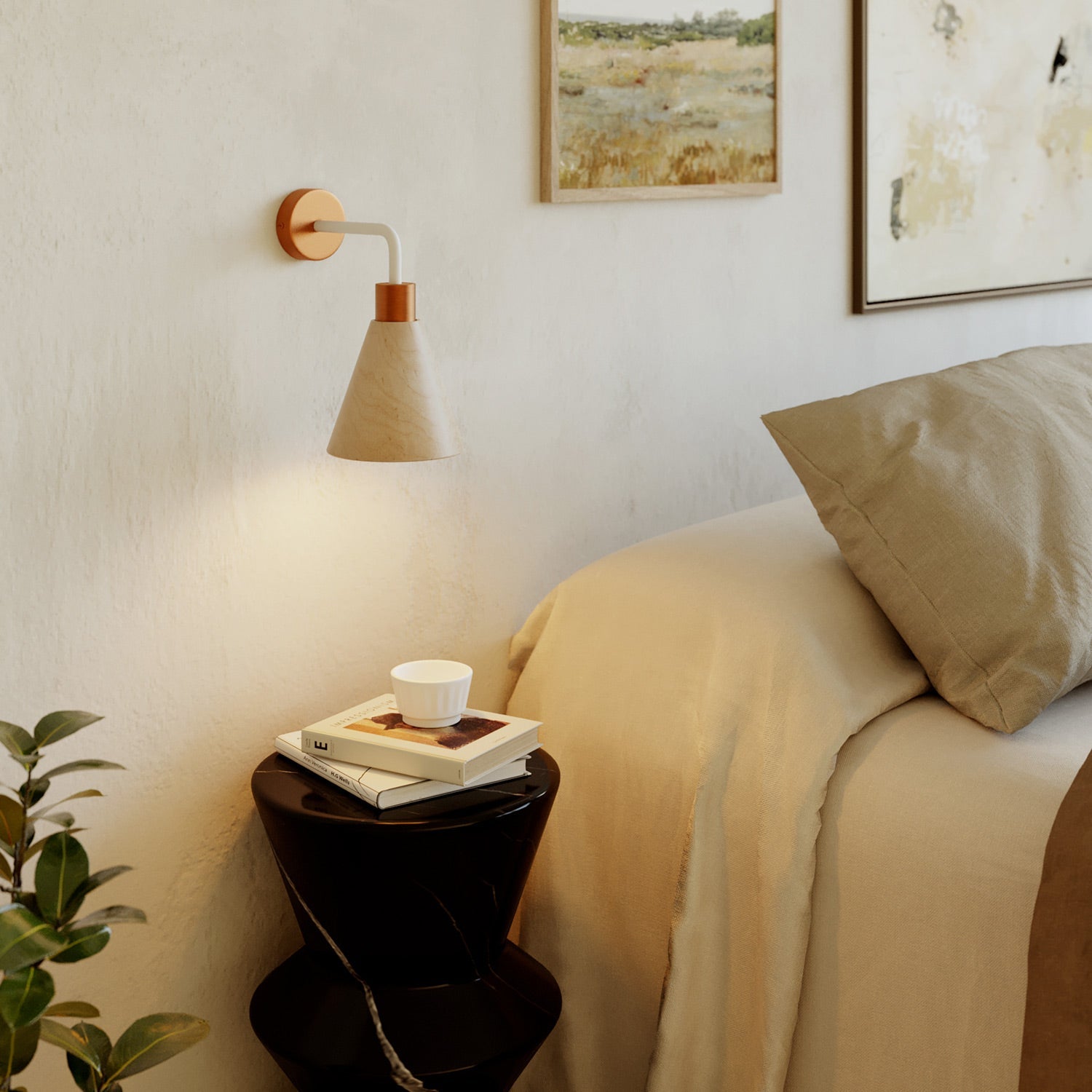 Lampada Fermaluce con paralume conico in legno ed estensione curva - Rame satinato