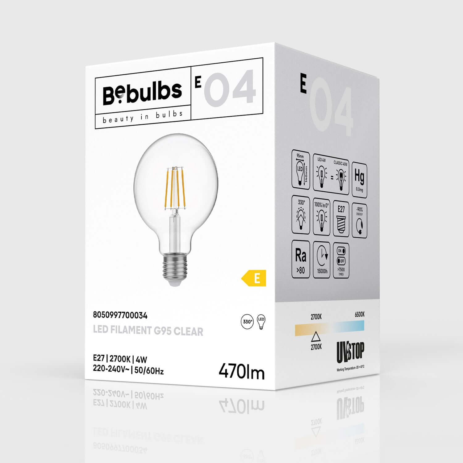 Lampadina LED Trasparente Globo G95 4W 470Lm E27 2700K - E04