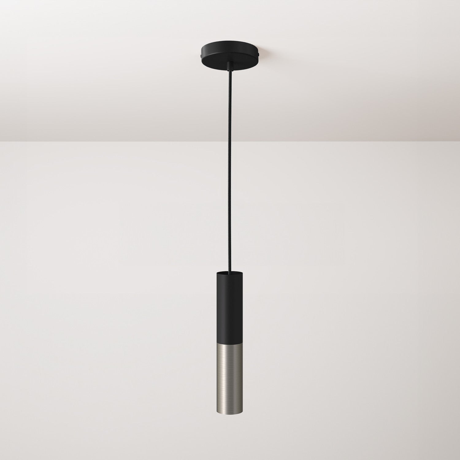 Lampada a sospensione completa di cavo tessile e doppio paralume Tub-E14 - Nero e Titanio satinato