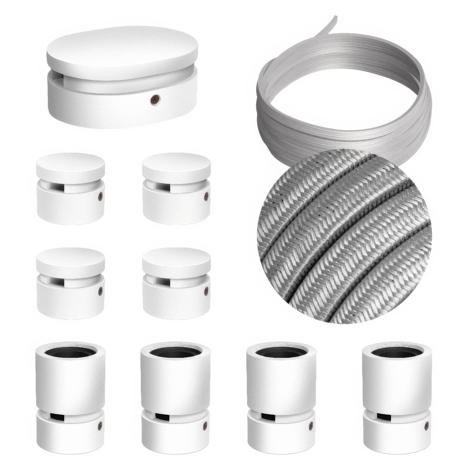 Sistema Filé Symmetric Kit - con cavo CM02 di 5 m per catenaria e 9 componenti in legno verniciato bianco per interni